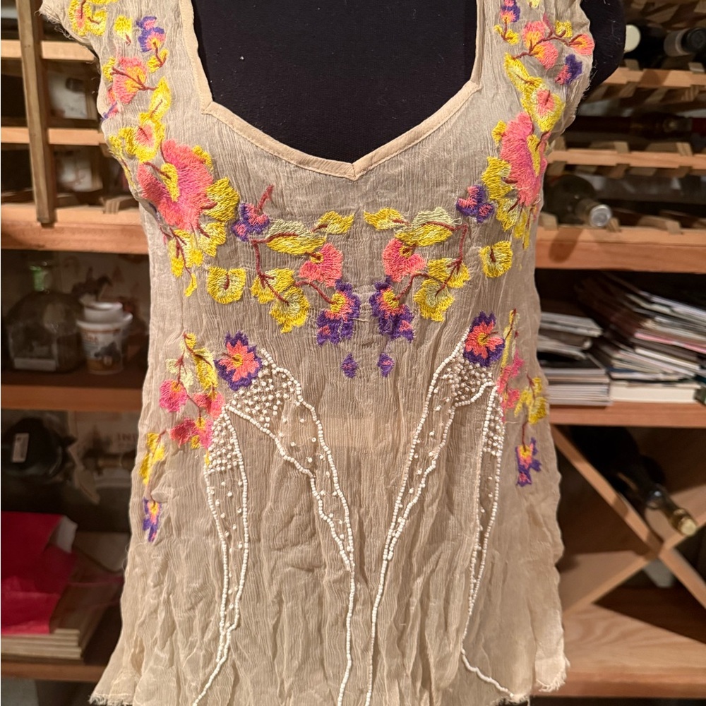 Free People Beige Camisole with Pink, Yellow & Purple Floral Embroidery